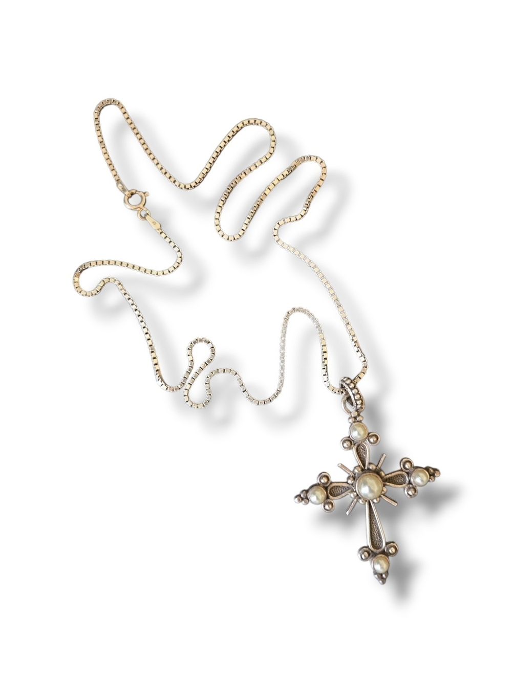 Sterling Silver + Pearl Cross Necklace with Box Chain